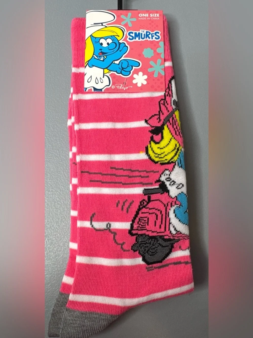 The Smurfs Smurfette on moped Pink Striped Character Socks novelty vibrant